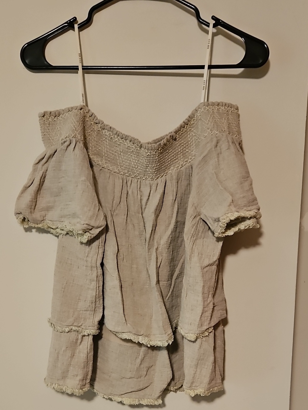 Moon River Neutral Beige Off-Shoulder Tiered Tunic